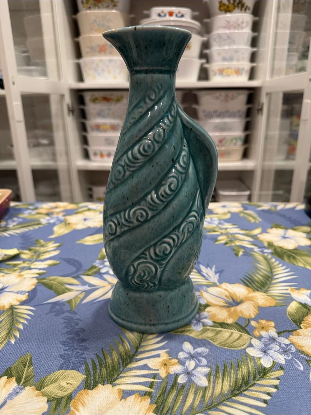 Teal Ceramic Decorative Vase with Swirl Motif